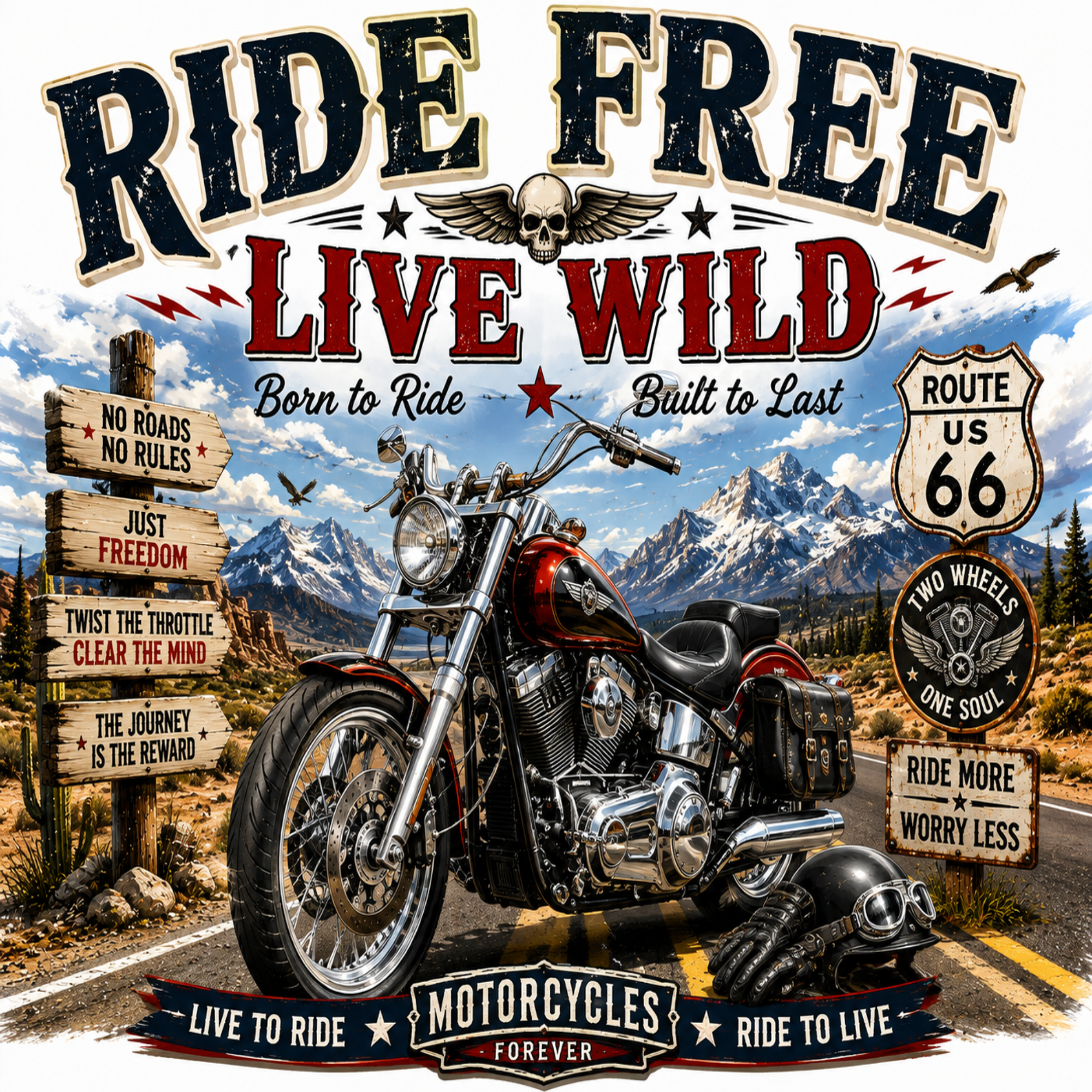 A biker-themed graphic print featuring a red and black motorcycle on a mountain road, with large distressed text reading 'RIDE FREE LIVE WILD' and smaller slogans like 'Born to Ride Built to Last' and 'Motorcycles Forever'. The scene includes mountains, trees, road signs, a skull-and-wings emblem, and a helmet resting near the bike.