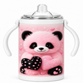 A pink baby water bottle with a printed panda design holding hearts, featuring white handles and a clear lid, shown on a white background.