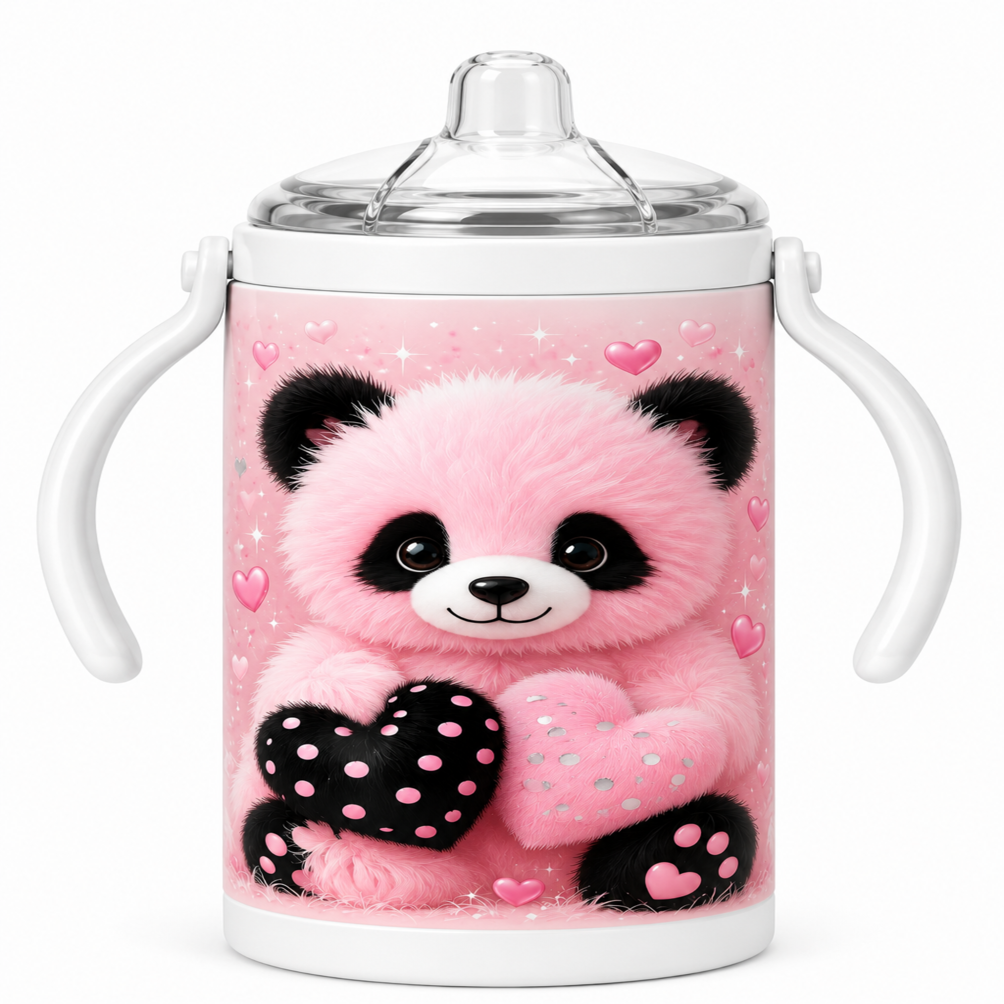 A pink baby water bottle with a printed panda design holding hearts, featuring white handles and a clear lid, shown on a white background.