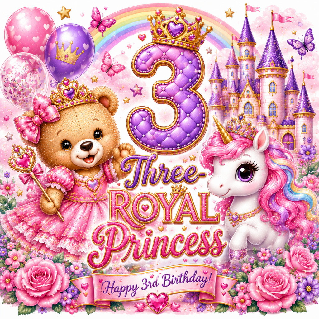 A colorful 3rd birthday illustration with a teddy bear in a pink dress and crown, a white unicorn with a rainbow mane, a purple castle, balloons, butterflies, roses, and the text 'Three Royal Princess' and 'Happy 3rd Birthday!'.