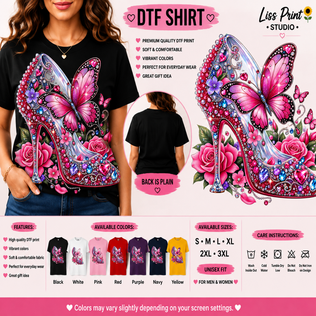 A promotional graphic for a DTF (Direct to Film) shirt by Liss Print Studio. The image shows a woman wearing a black t-shirt with a large, colorful graphic of a high-heeled shoe decorated with pink and purple butterflies and roses.