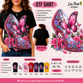A promotional graphic for a DTF (Direct to Film) shirt by Liss Print Studio. The image shows a woman wearing a black t-shirt with a large, colorful graphic of a high-heeled shoe decorated with pink and purple butterflies and roses.