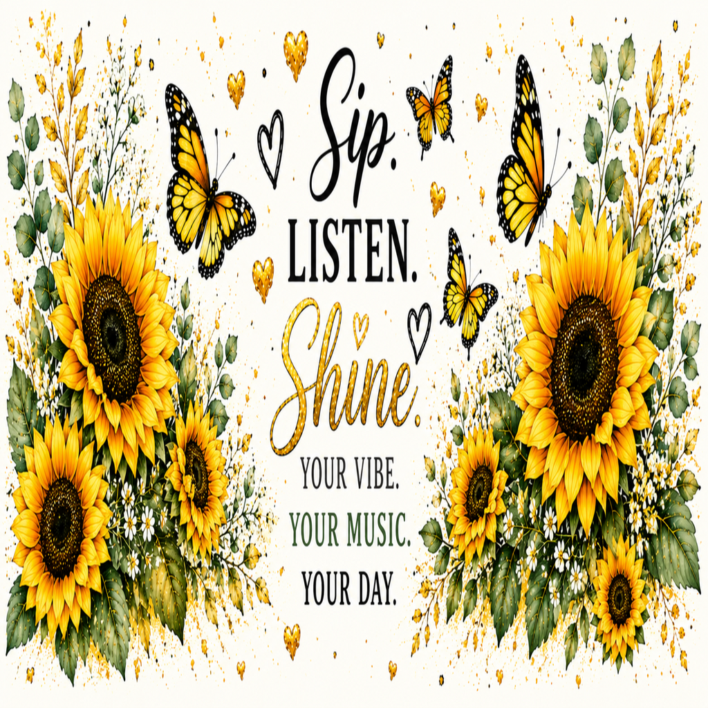 A decorative banner-style graphic with sunflowers, butterflies, hearts, and the text 'Sip. LISTEN.