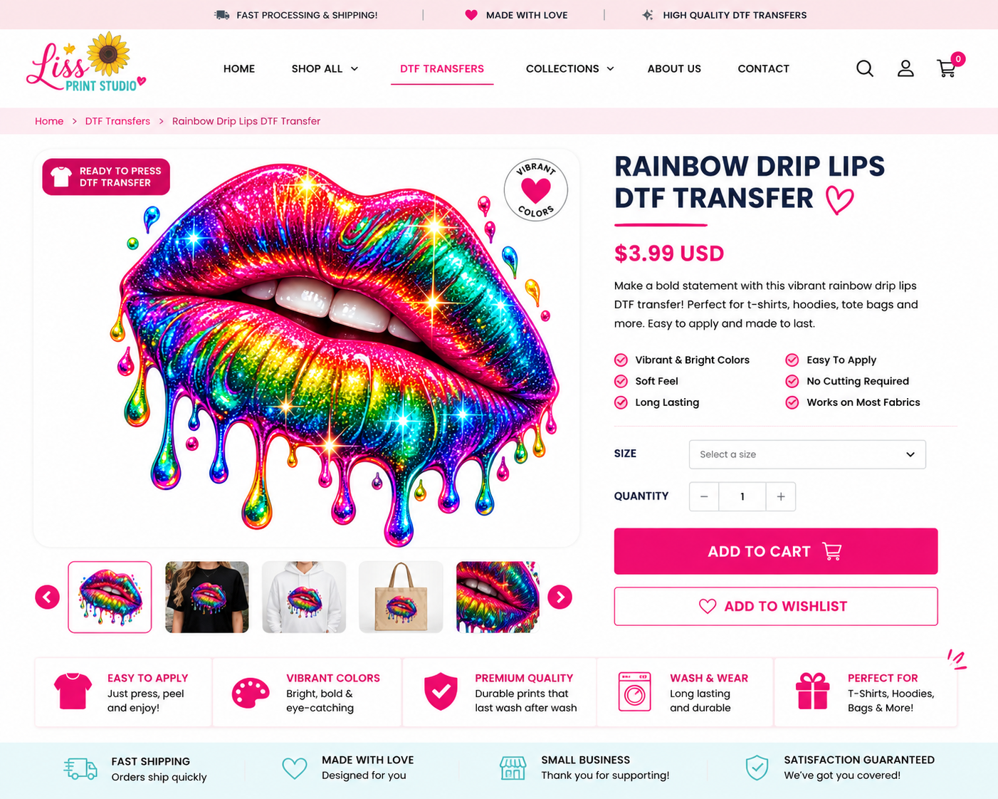 A promotional webpage banner for a 'Rainbow Drip Lips DTF Transfer' by Liss Print Studio. The main graphic features a pair of lips with a vibrant, multicolored rainbow drip pattern.