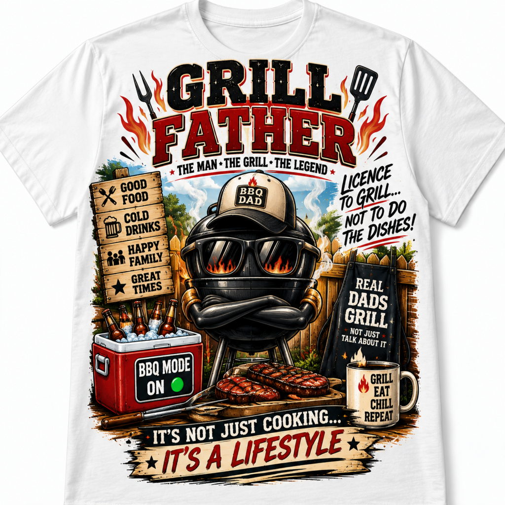 A white short-sleeve graphic T-shirt featuring a large barbecue-themed design with the words 'GRILL FATHER,' a grill character wearing sunglasses, flames, signs, a cooler, and motivational text.