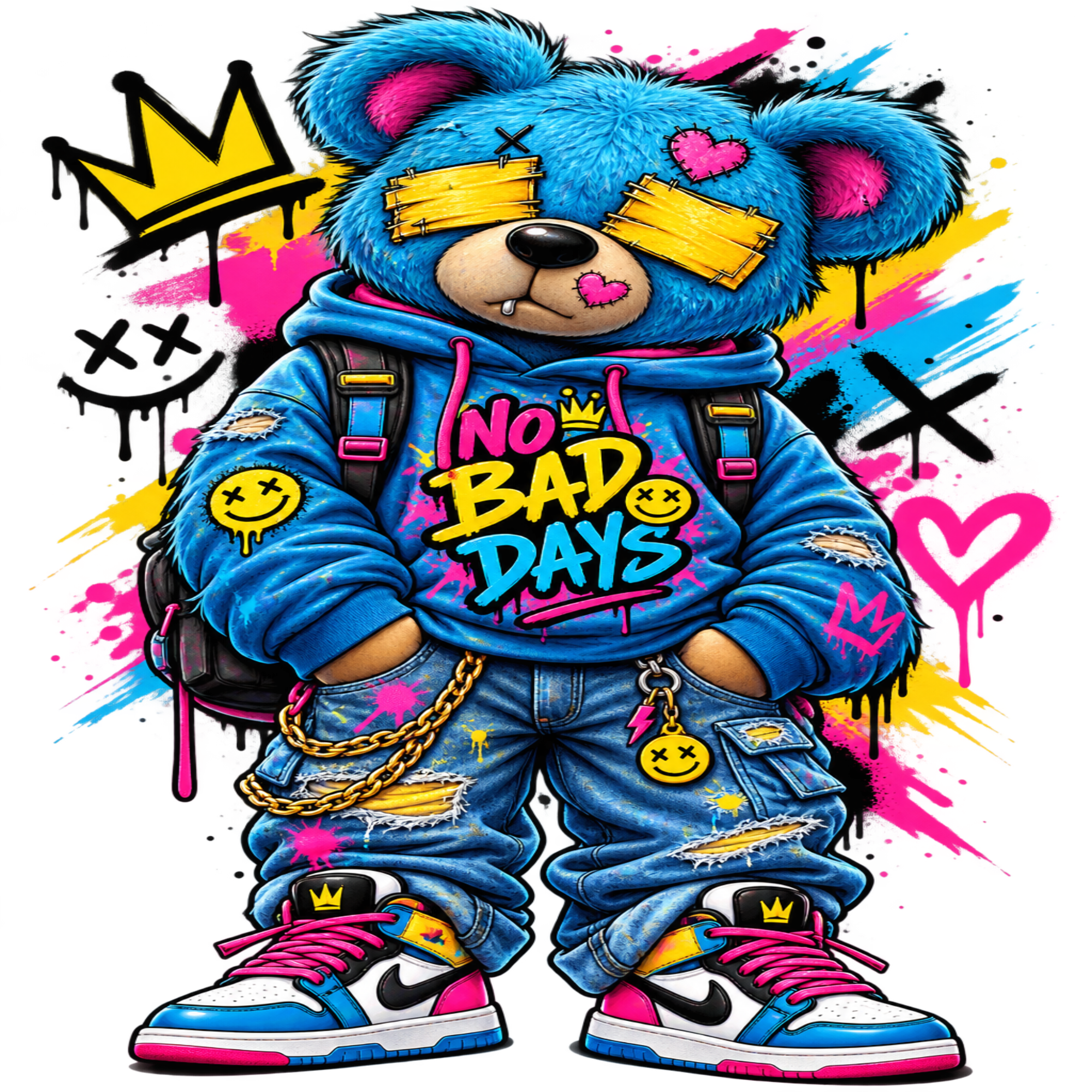 A colorful cartoon teddy bear character wearing a blue hoodie with 'No Bad Days' text, ripped jeans, and multicolor sneakers, surrounded by graffiti-style graphics on a black background.