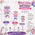 A promotional collage for a children's matching birthday shirt collection, showing two white T-shirts with colorful unicorn-themed printed graphics and surrounding text describing the 'Unicorn Birthday Family Collection' and shirt features.