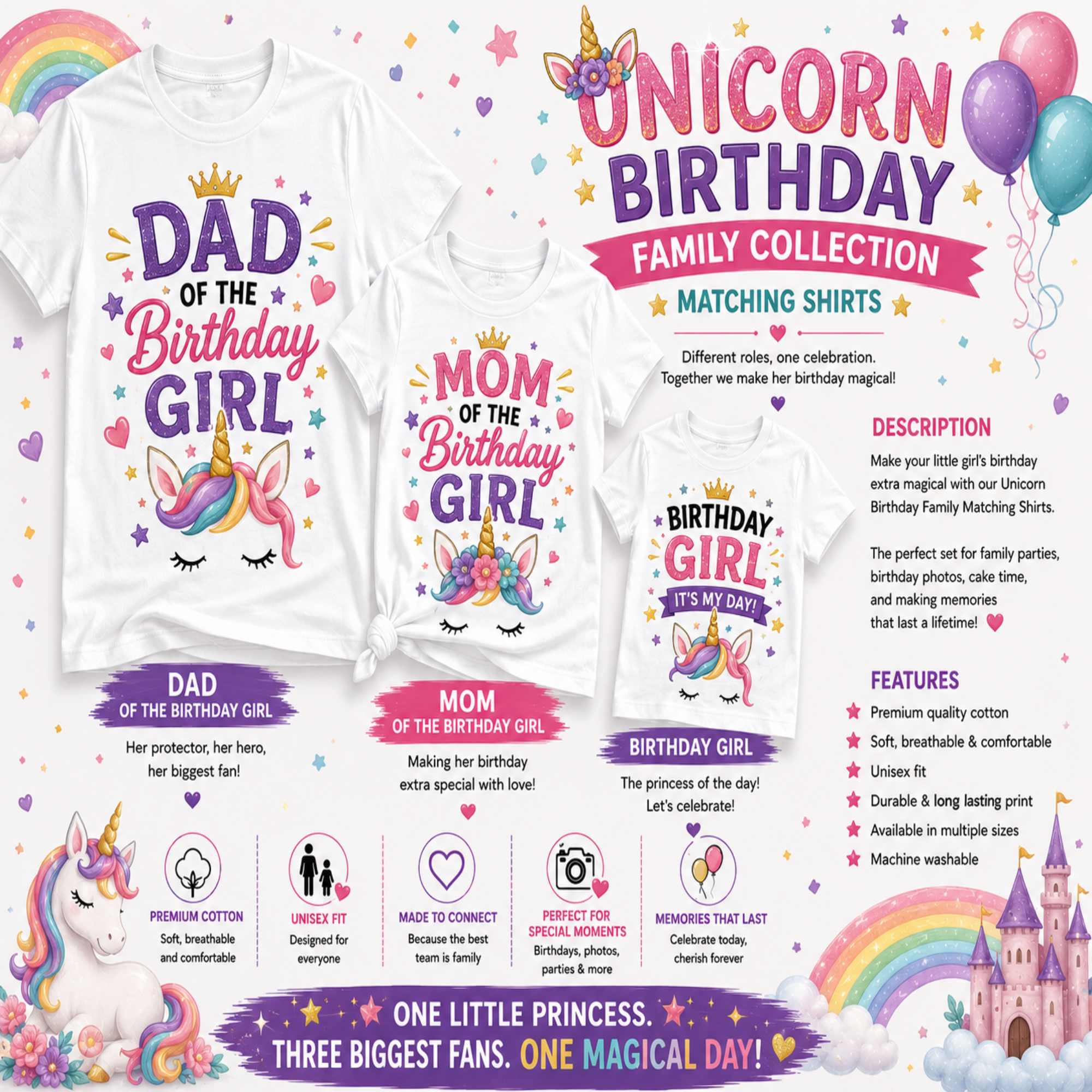 A promotional collage for a children's matching birthday shirt collection, showing two white T-shirts with colorful unicorn-themed printed graphics and surrounding text describing the 'Unicorn Birthday Family Collection' and shirt features.