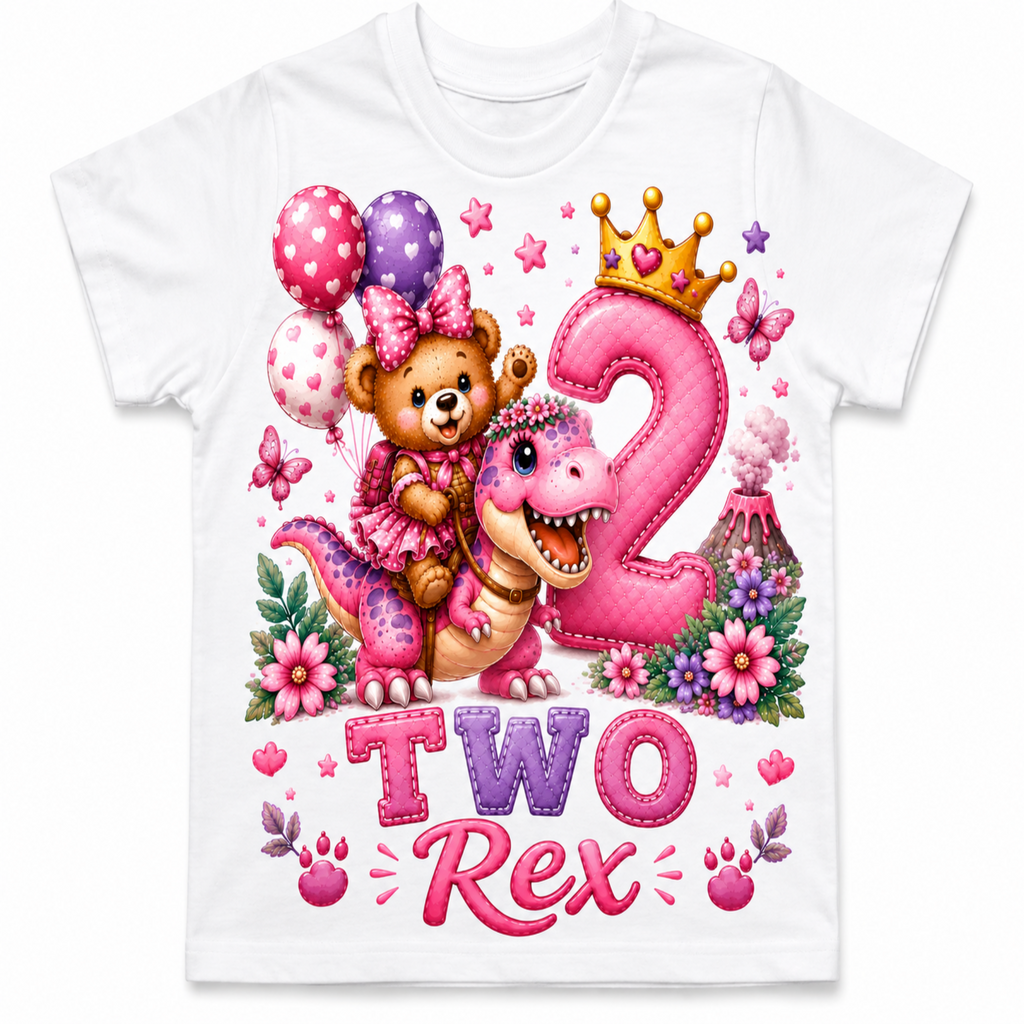A white short-sleeve t-shirt with a colorful, detailed graphic celebrating a child's second birthday. The design features a brown teddy bear in a pink dress riding a pink dinosaur, next to a large pink number '2' topped with a gold crown, with the text 'TWO Rex' at the bottom.
