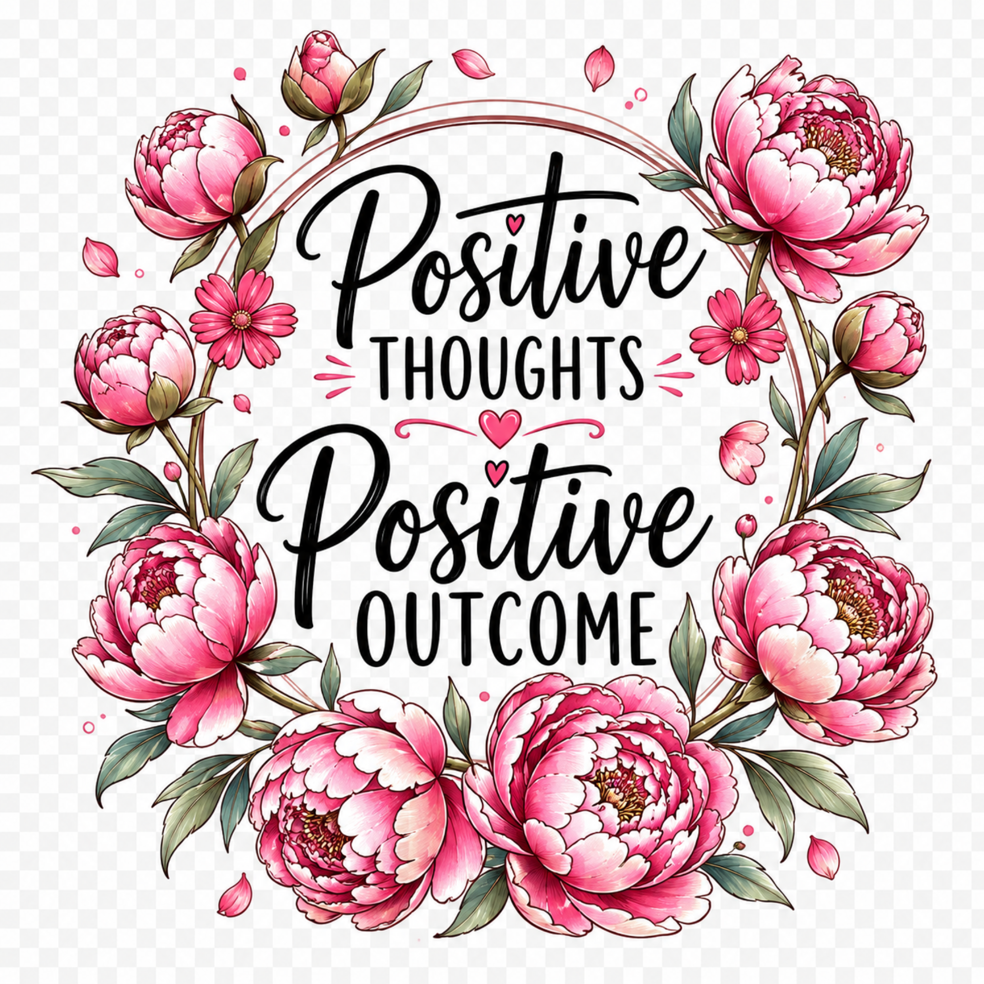 A decorative circular floral design with pink peony-style flowers and green leaves surrounding the words 'Positive Thoughts Positive Outcome' in black script and serif text on a transparent checkerboard background.