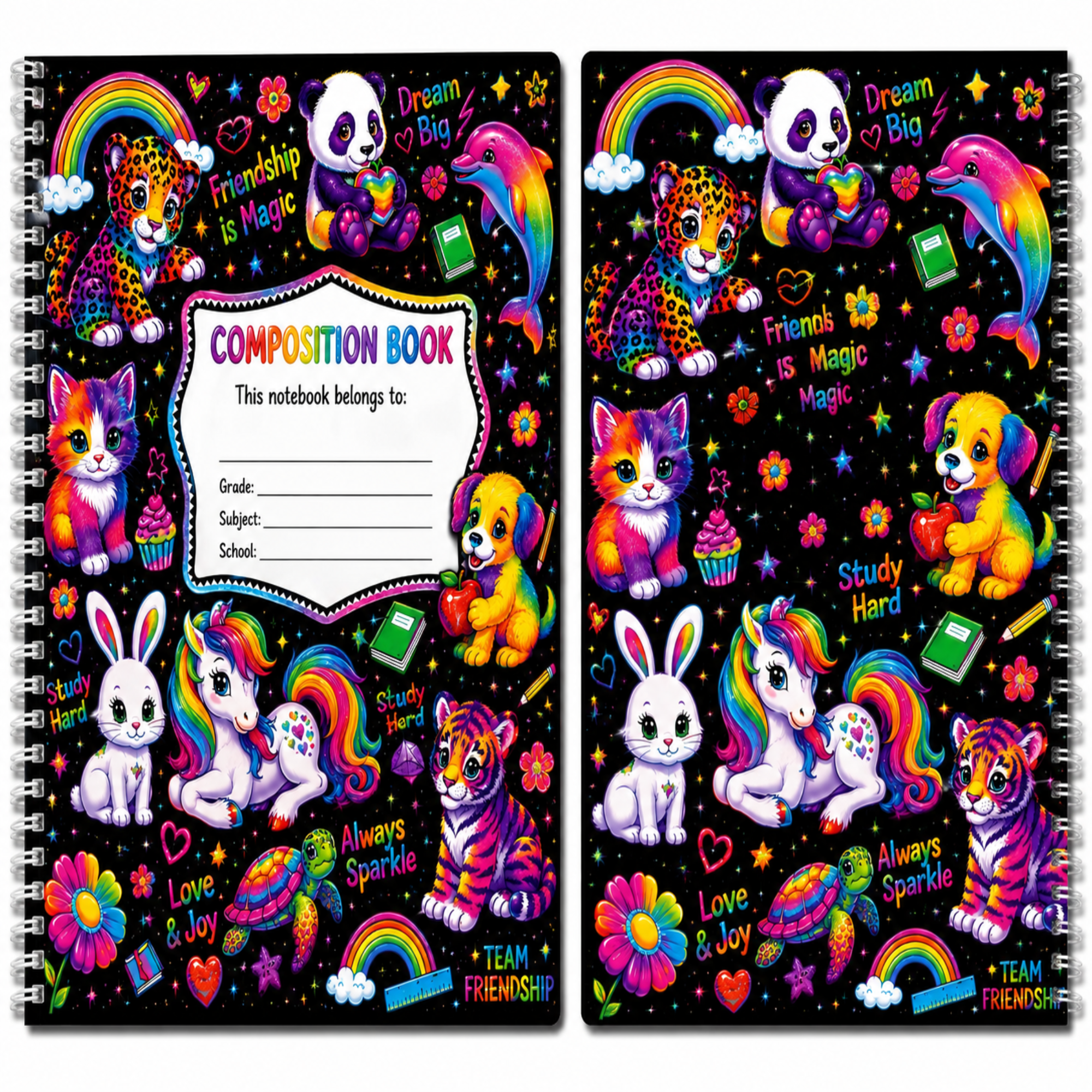 A composition notebook shown from both front and back covers, featuring a vibrant, colorful cartoon illustration of animals like pandas, cats, dogs, and rabbits under rainbows on a black background.