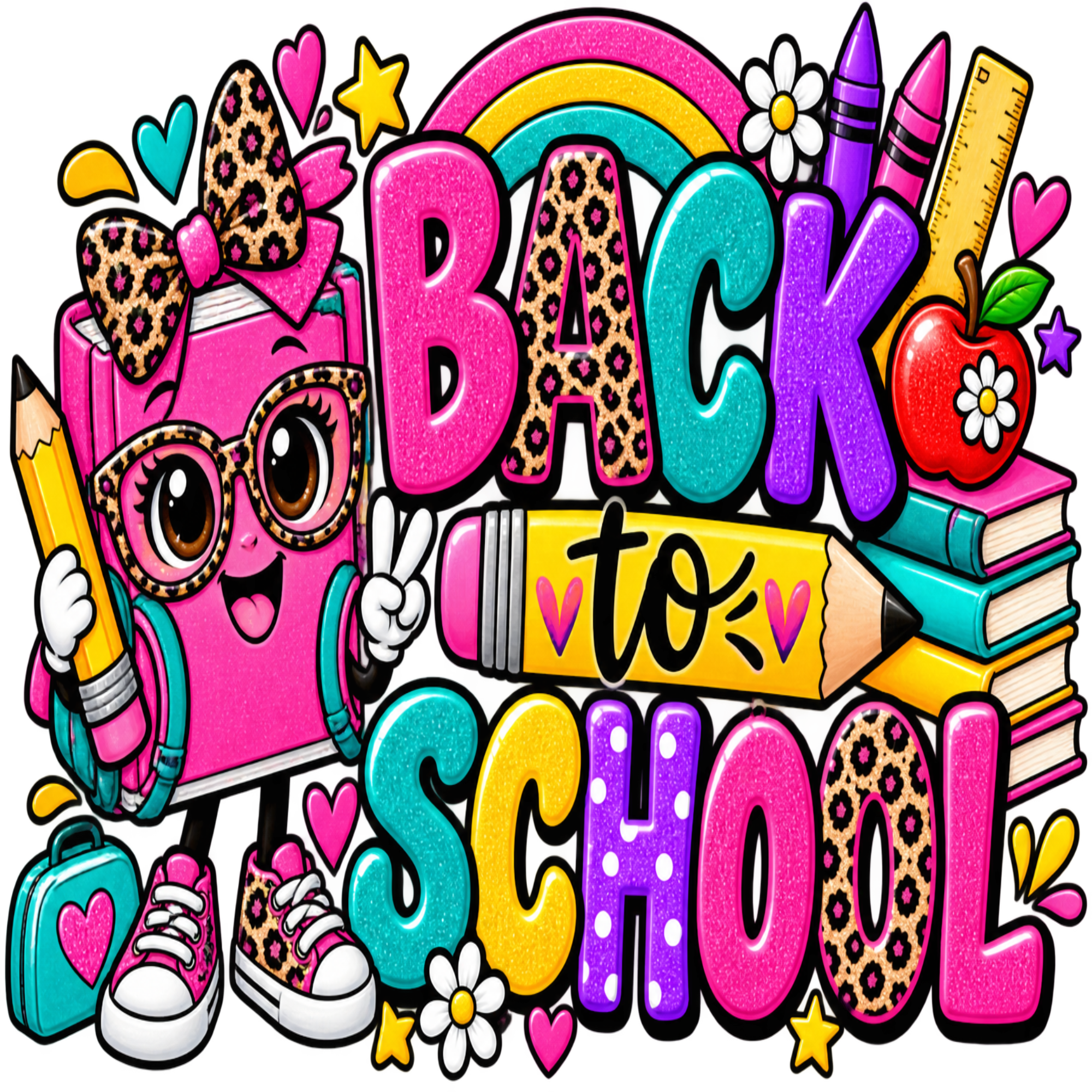 A colorful cartoon-style graphic reading 'BACK to SCHOOL' with playful school-themed items including a pink backpack character wearing leopard-print glasses, a yellow pencil, books, crayons, an apple, stars, hearts, and a rainbow on a white background.