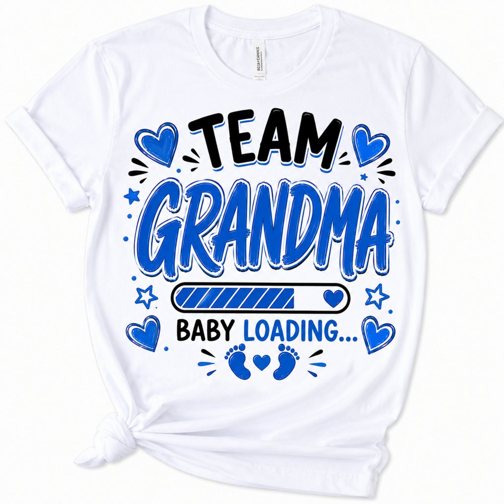 White short-sleeve graphic T-shirt with the phrase 'TEAM GRANDMA BABY LOADING.