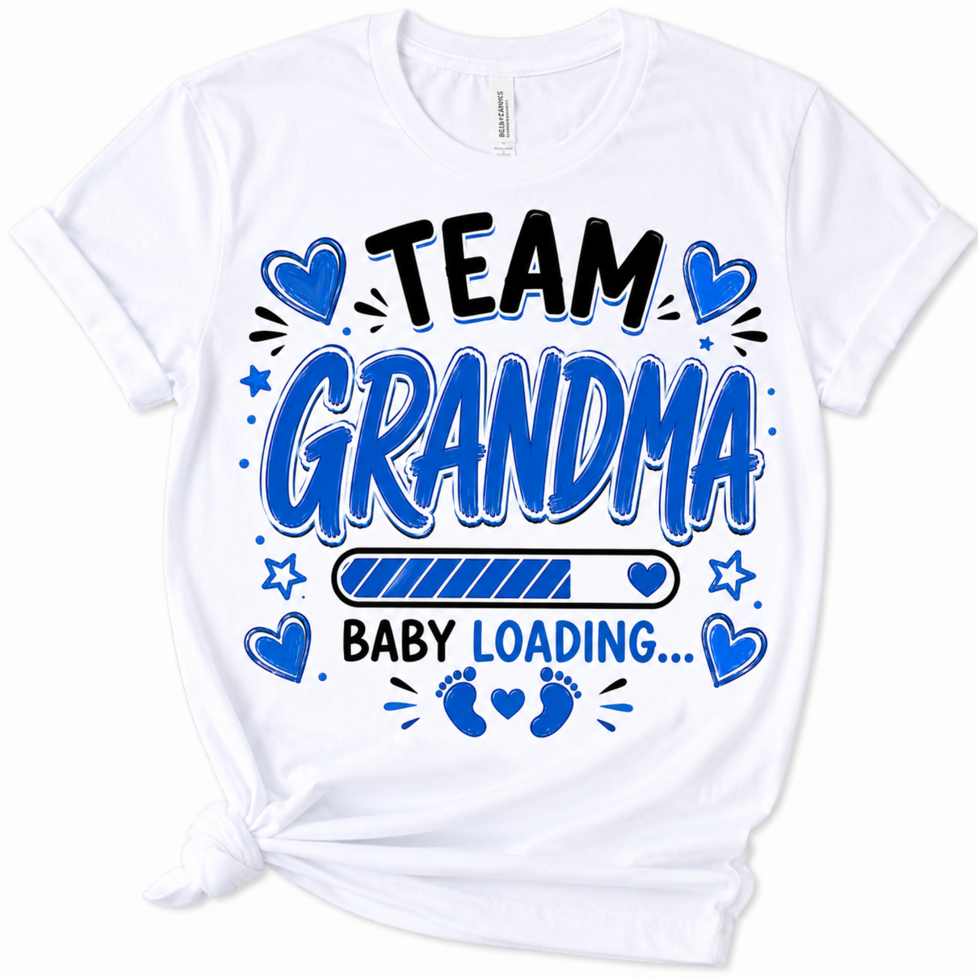 White short-sleeve graphic T-shirt with the phrase 'TEAM GRANDMA BABY LOADING.