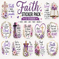 A sticker pack design sheet featuring multiple floral and religious quote stickers with purple, pink, and green watercolor flowers, hearts, and crosses on a white background.