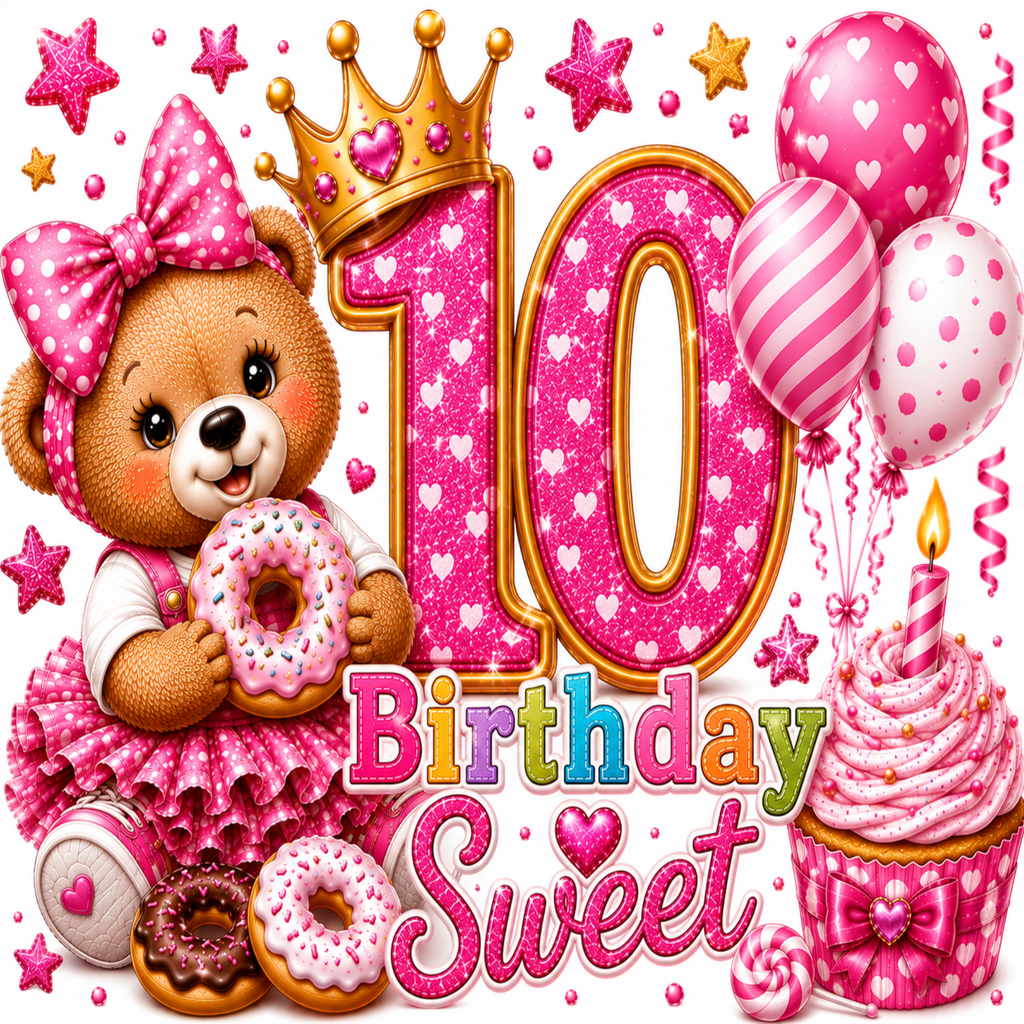 A festive 10th birthday graphic featuring a pink teddy bear wearing a bow and tutu holding a donut, a large glittery pink number 10 with a gold crown, balloons, a cupcake, and the words '10th Birthday Sweet' on a light background.