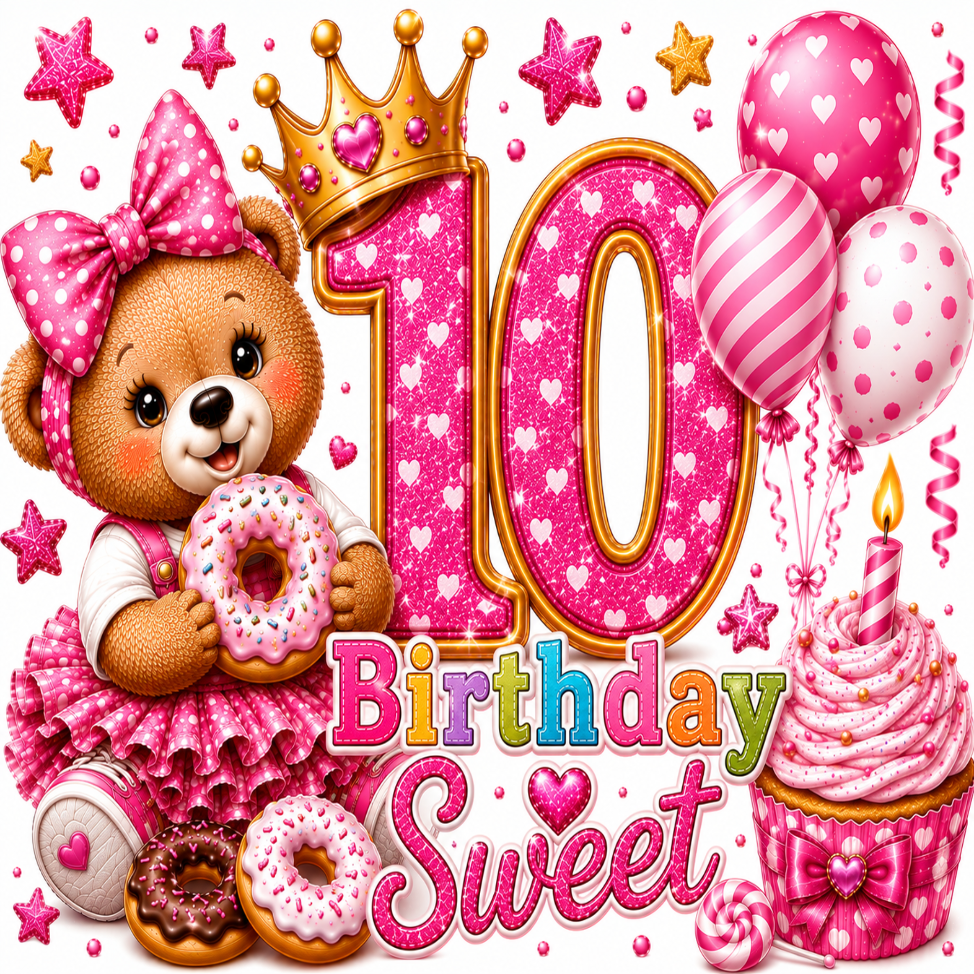 A festive 10th birthday graphic featuring a pink teddy bear wearing a bow and tutu holding a donut, a large glittery pink number 10 with a gold crown, balloons, a cupcake, and the words '10th Birthday Sweet' on a light background.