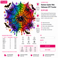A promotional graphic for a printable rainbow spider web Halloween DTF transfer by Liss Print Studio. The design shows a large multicolored rainbow spider web with black spiders and purple stars on a white background.