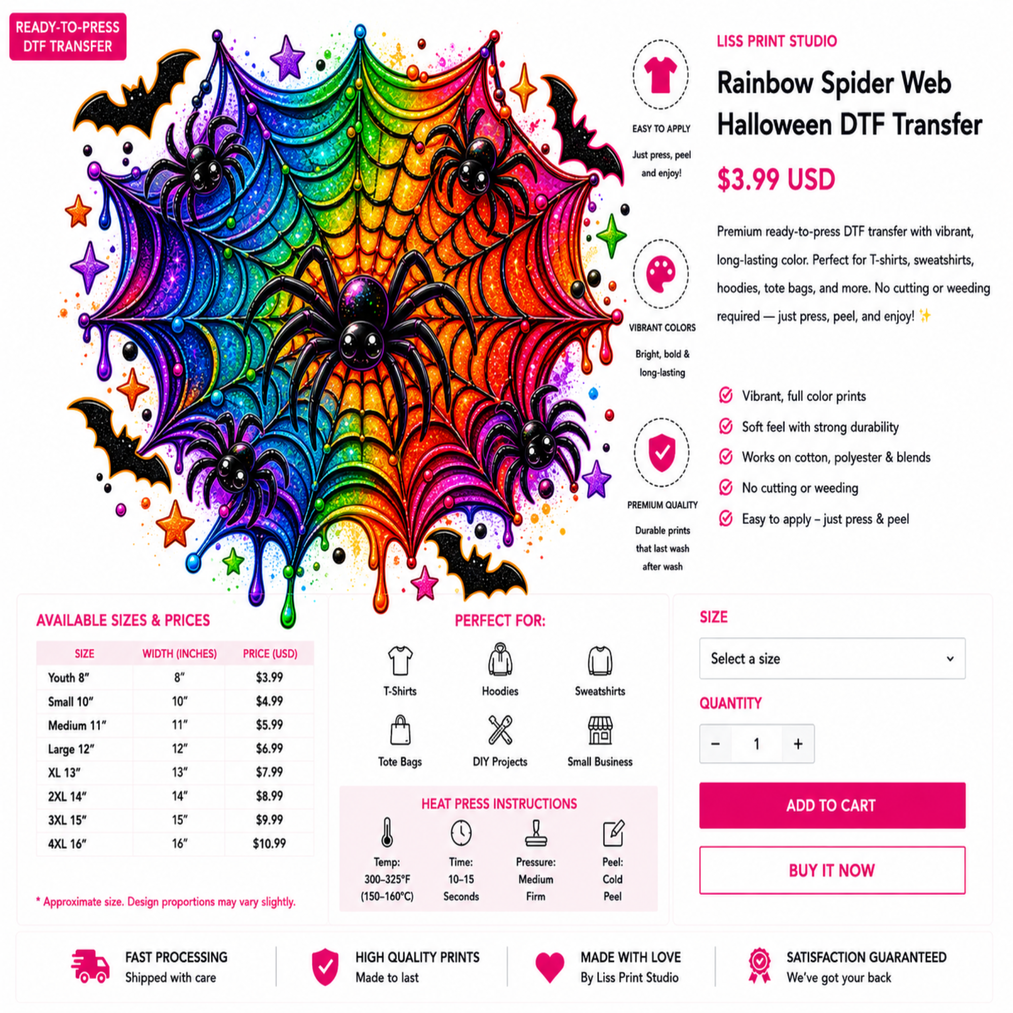 A promotional graphic for a printable rainbow spider web Halloween DTF transfer by Liss Print Studio. The design shows a large multicolored rainbow spider web with black spiders and purple stars on a white background.