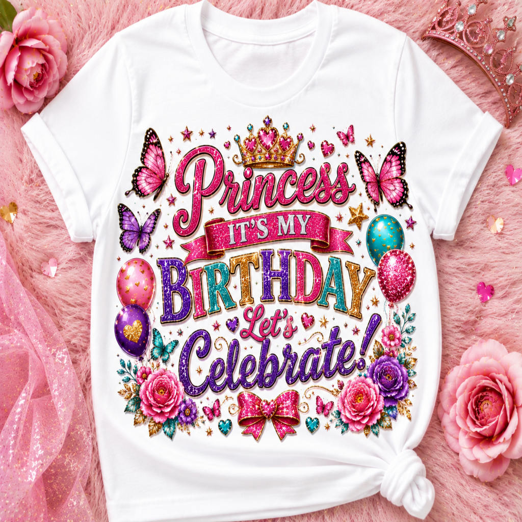 A white short-sleeve T-shirt with a colorful glitter-style birthday graphic reading 'Princess It's My Birthday Let's Celebrate!' surrounded by flowers, butterflies, bows, and balloons, styled on a pink furry surface with pink roses and a tiara.
