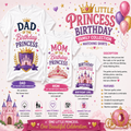 A promotional graphic for a matching family collection of three white t-shirts themed around princess birthday. The shirts are labeled 'DAD of the Birthday PRINCESS', 'MOM of the Birthday PRINCESS', and 'IT'S MY DAY PRINCESS'.