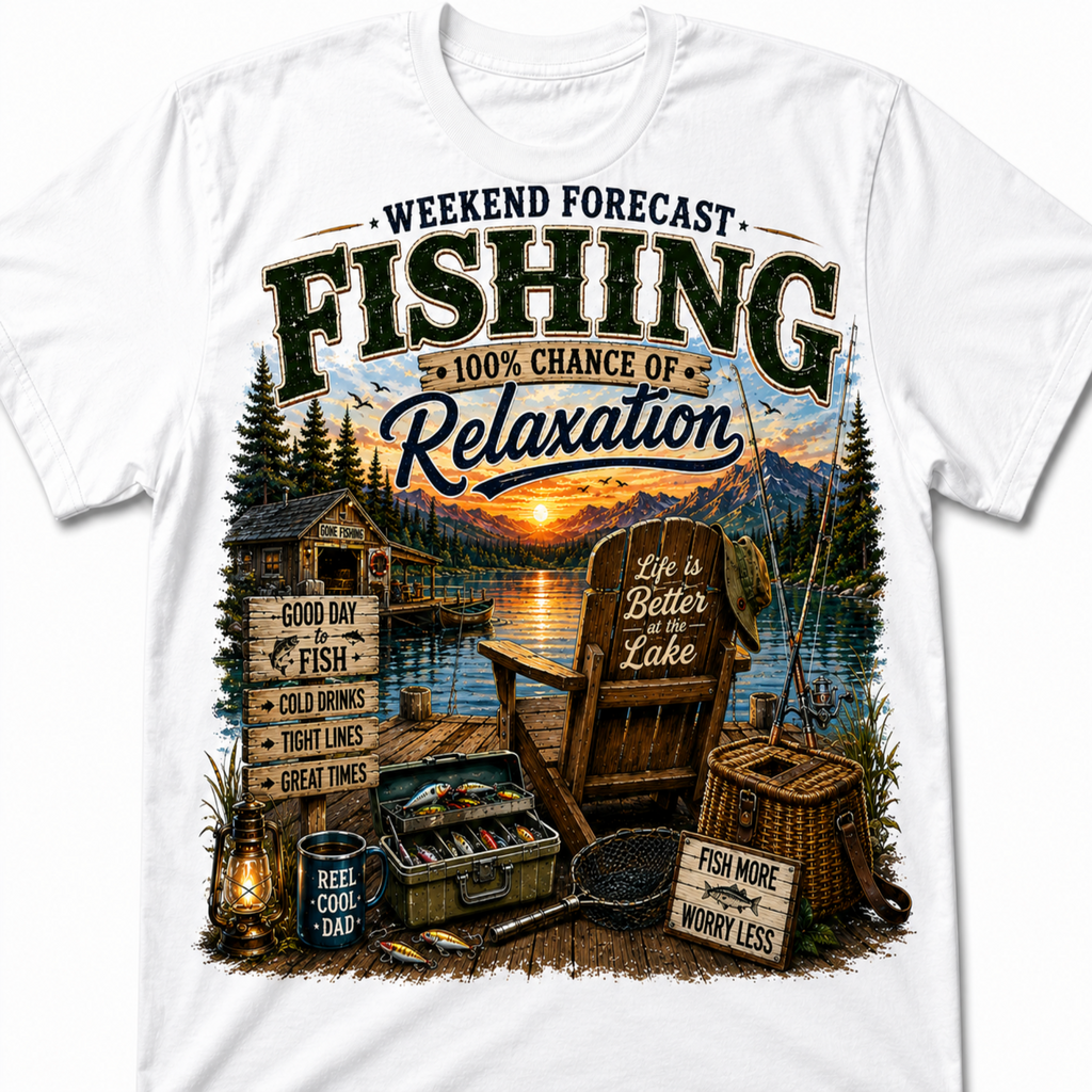 A white short-sleeve crewneck t-shirt featuring a large, detailed graphic print on the front. The graphic depicts a relaxing lakeside weekend forecast for fishing, complete with a cabin, dock, fishing rods, an Adirondack chair, a lantern, and a sunset over the water.