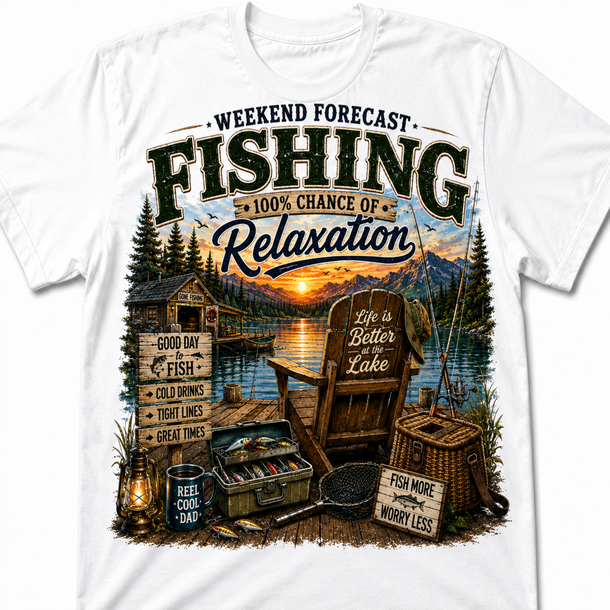 A white short-sleeve crewneck t-shirt featuring a large, detailed graphic print on the front. The graphic depicts a relaxing lakeside weekend forecast for fishing, complete with a cabin, dock, fishing rods, an Adirondack chair, a lantern, and a sunset over the water.