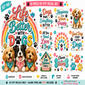A promotional collage for a 10-piece UV DTF decal set featuring dog-themed quotes, paw prints, a rainbow, and three dogs wearing colorful bandanas. The top banner reads 'Set #8 10 Piece UV DTF Decal Set,' and the bottom strip lists features like waterproof, scratch resistant, durable, easy peel & apply, and no heat press required.