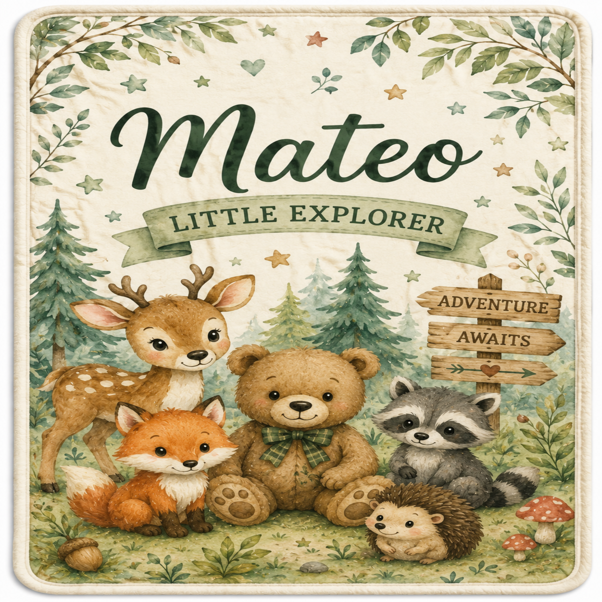 A square decorative print or sign featuring a whimsical forest illustration with the large word 'Mateo' at the top, a banner reading 'Little Explorer,' and a group of cute animals including a deer, teddy bear, fox, raccoon, and hedgehog. A wooden sign on the right says 'Adventure Awaits.