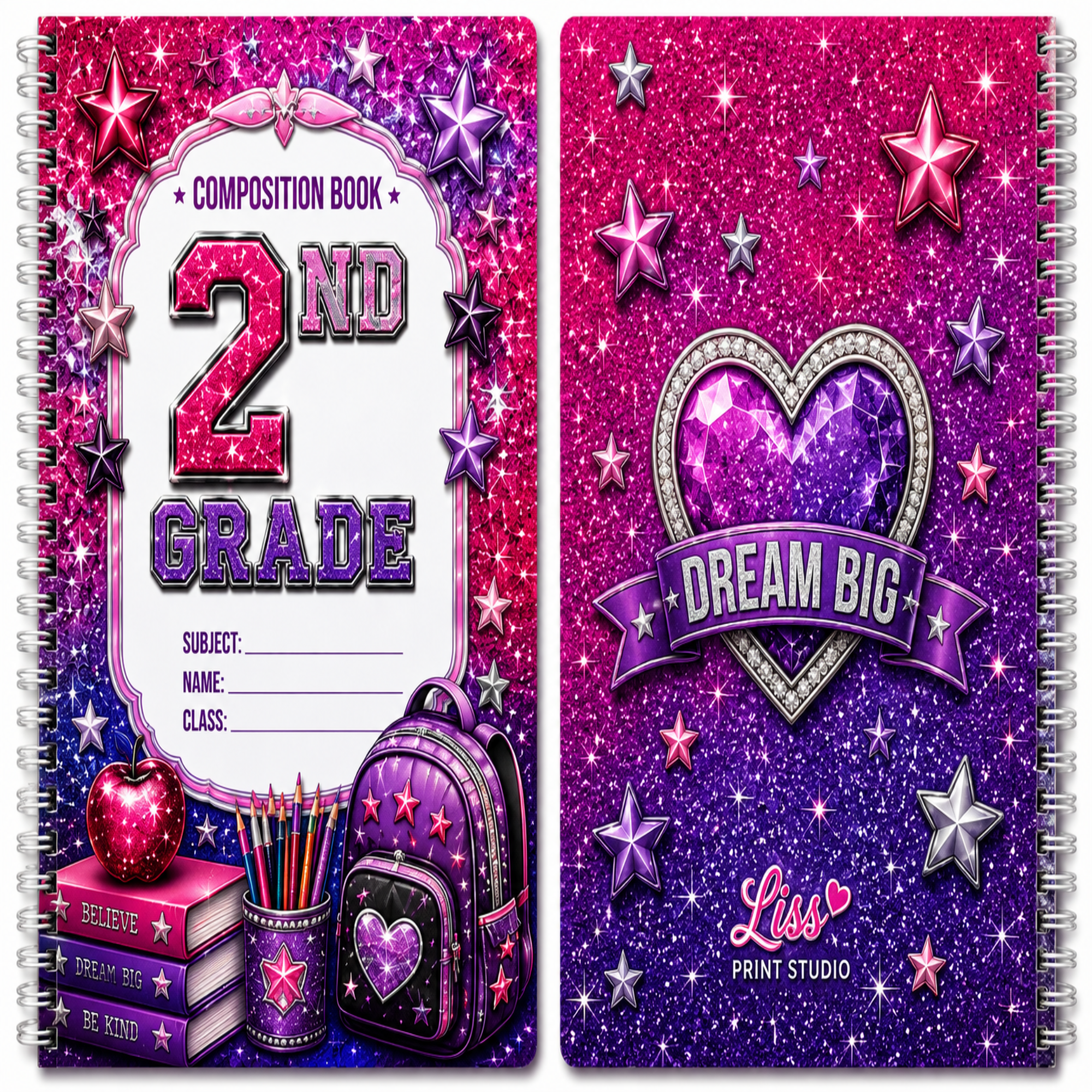 A spiral-bound composition book shown from both sides, featuring a vibrant pink and purple glitter design with stars, a backpack, books, and the text '2nd Grade' and 'Dream Big'. The bottom right corner shows the brand 'Liz Print Studio'.