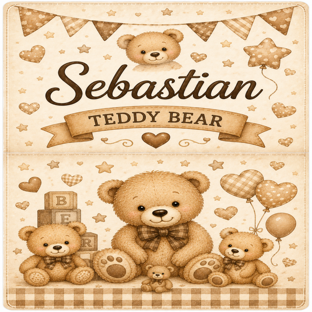 Personalized baby blanket or wall decal featuring a teddy bear theme with the name 'Sebastian' and 'TEDDY BEAR' on a ribbon banner, decorated with teddy bears, balloons, stars, hearts, and blocks.