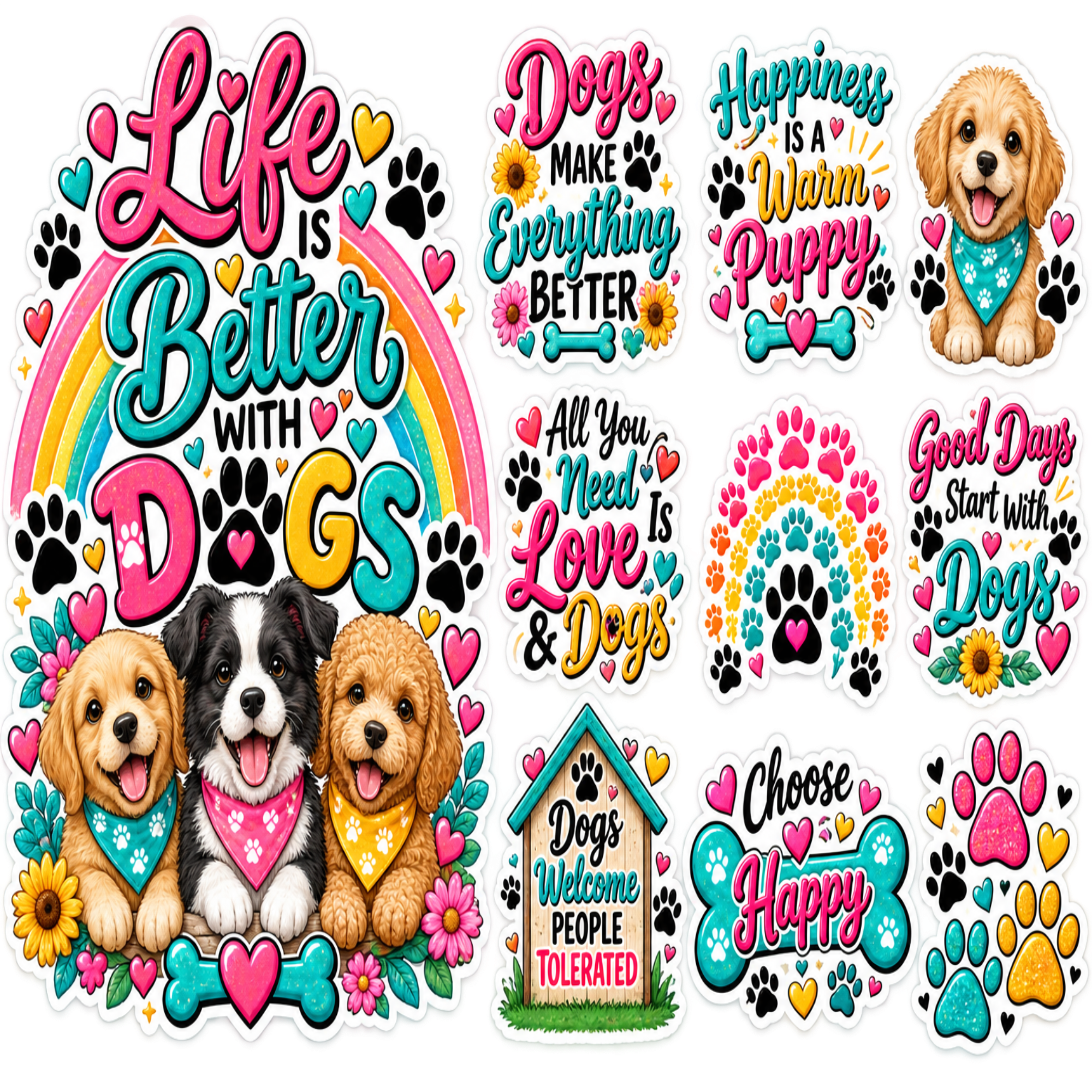 A sheet of colorful dog-themed decals or stickers with multiple phrases such as “Life is Better with Dogs,” “Dogs Make Everything Better,” “Happiness is a Warm Puppy,” and “Choose Happy Dogs Welcome People Tolerated,” decorated with cartoon dogs, paw prints, hearts, flowers, bows, and rainbows.