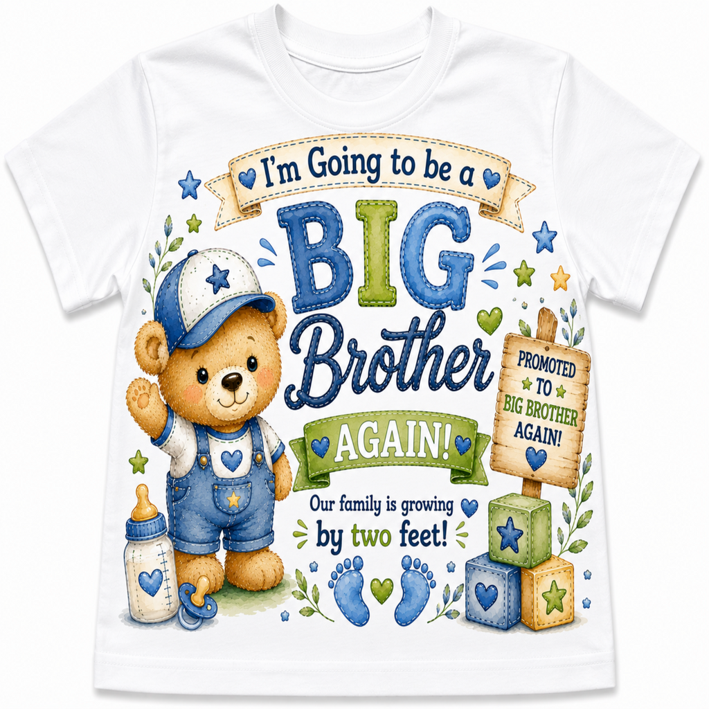 A white short-sleeve t-shirt featuring a colorful graphic design for a 'Big Brother' birthday. The design includes a cartoon baby bear wearing blue overalls and a blue-and-white cap, a baby bottle, blue and green blocks, and text that reads 'I'm Going to be a BIG Brother AGAIN! Our family is growing by two feet!' and 'Promoted to Big Brother Again!'.