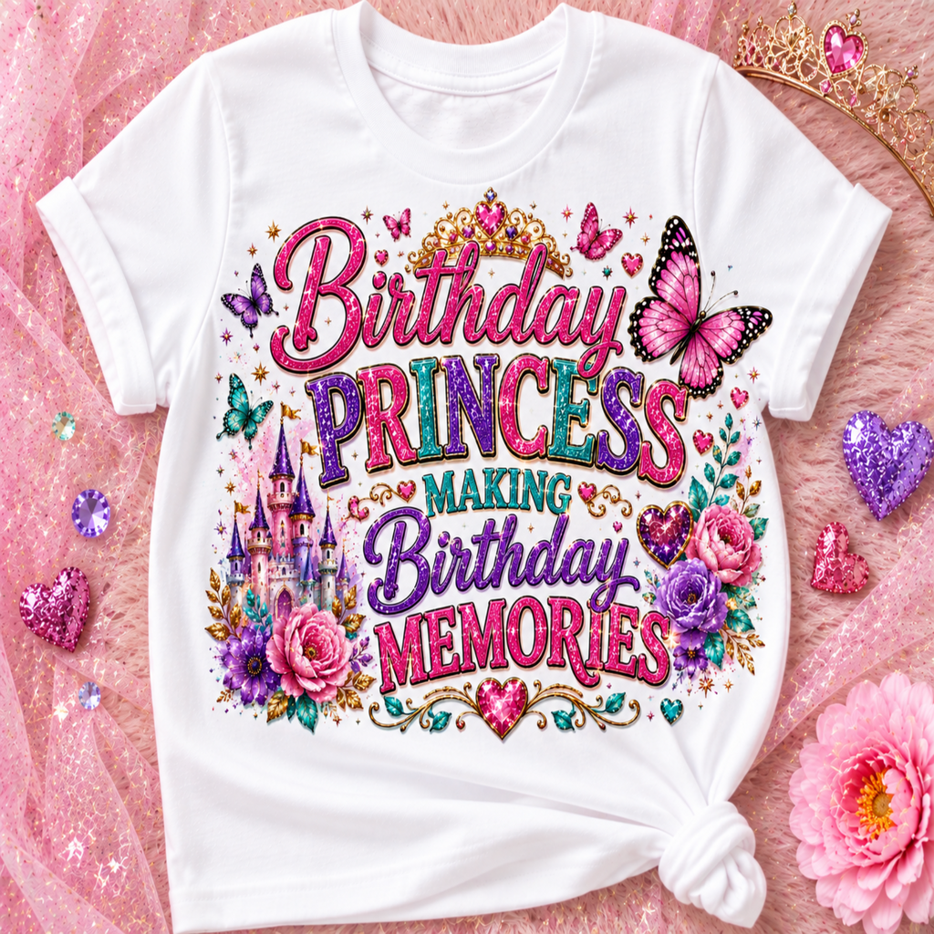 A white short-sleeve T-shirt laid flat on a pink textured surface, featuring a colorful royal-themed graphic that reads 'Birthday Princess Making Birthday Memories' with flowers, butterflies, a castle, and glitter-style lettering.