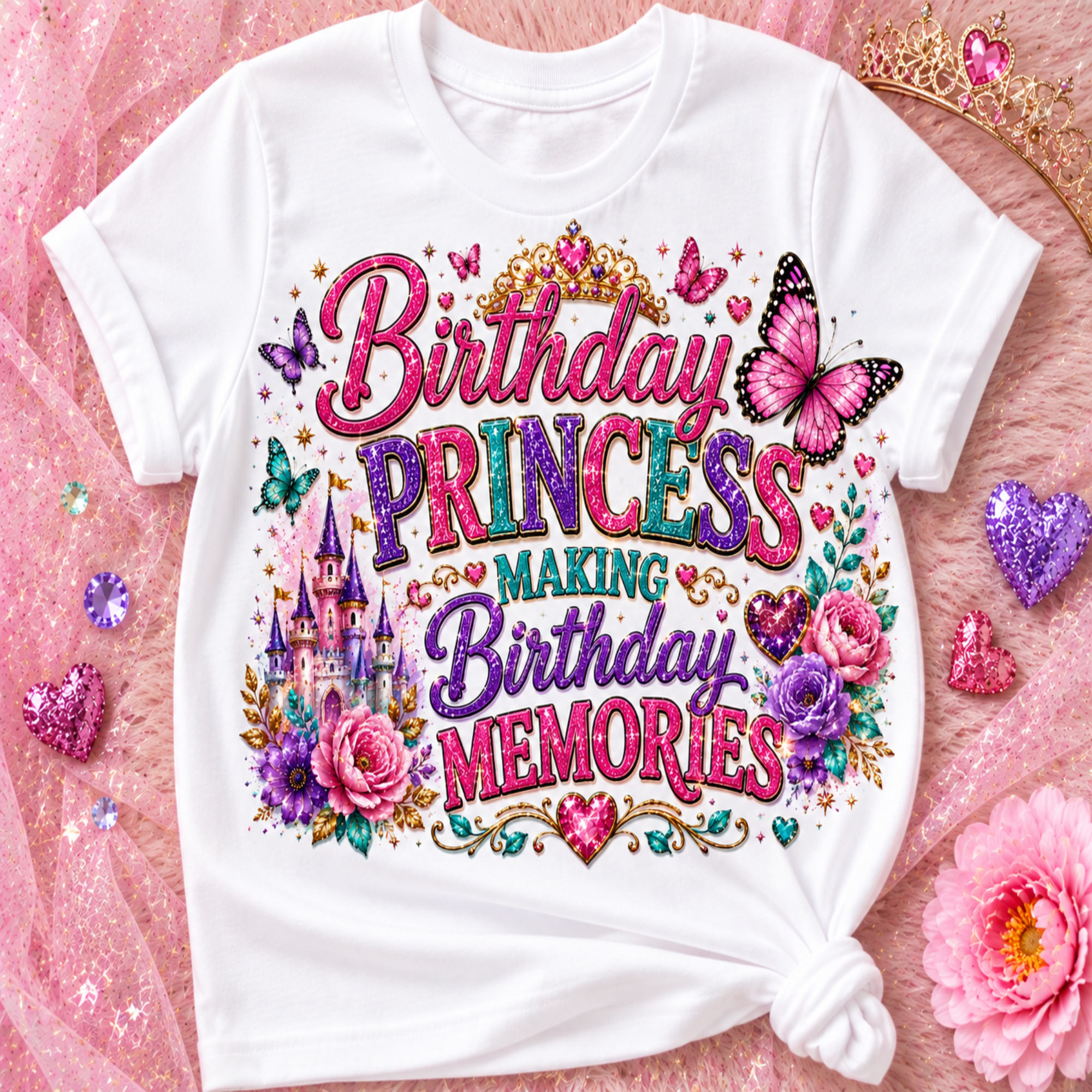 A white short-sleeve T-shirt laid flat on a pink textured surface, featuring a colorful royal-themed graphic that reads 'Birthday Princess Making Birthday Memories' with flowers, butterflies, a castle, and glitter-style lettering.