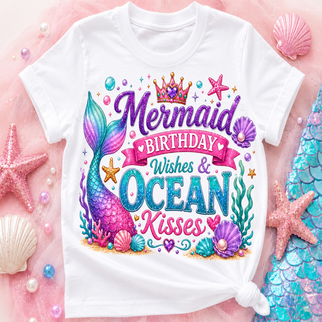 A white short-sleeve kids' t-shirt with a colorful mermaid-themed birthday graphic reading 'Mermaid Birthday Wishes & Ocean Kisses,' styled on a pink fabric background with seashells, starfish, and a mermaid tail print.
