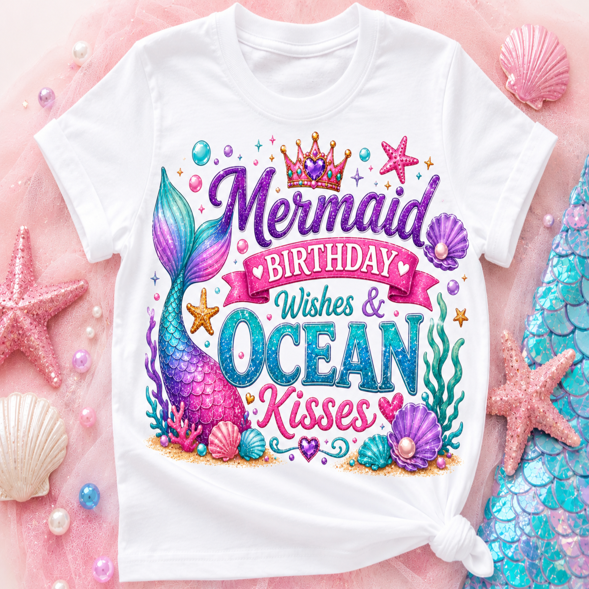 A white short-sleeve kids' t-shirt with a colorful mermaid-themed birthday graphic reading 'Mermaid Birthday Wishes & Ocean Kisses,' styled on a pink fabric background with seashells, starfish, and a mermaid tail print.