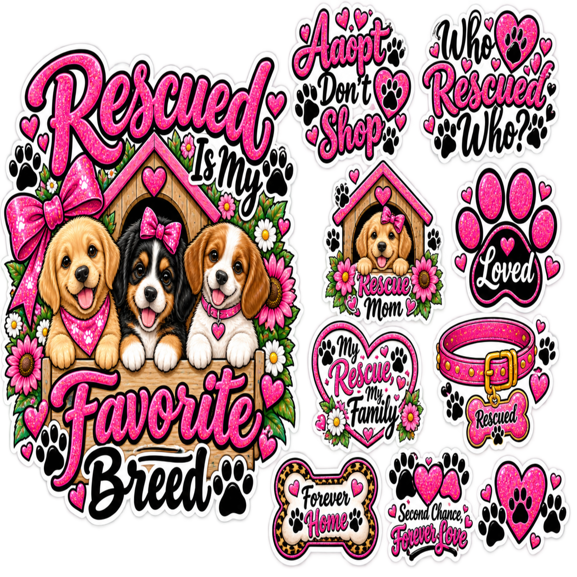 Rescued Is My Favorite Breed — UV DTF Decal Set 🐶🏡🐾💕