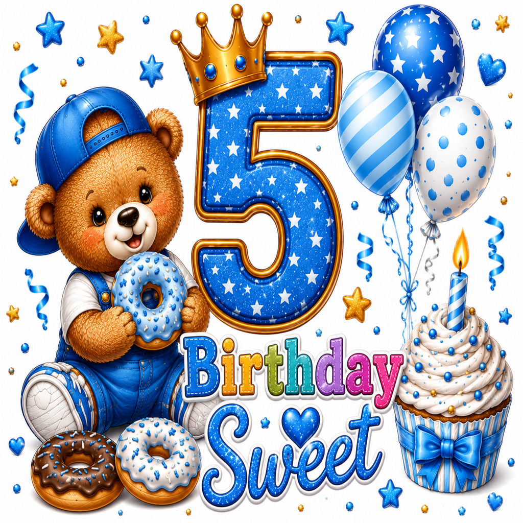 A colorful birthday-themed illustration with a teddy bear wearing a blue cap and overalls, holding a donut, next to a large blue number 5 with stars, balloons, a cupcake with a candle, and the words '5 Birthday Sweet' on a white background.