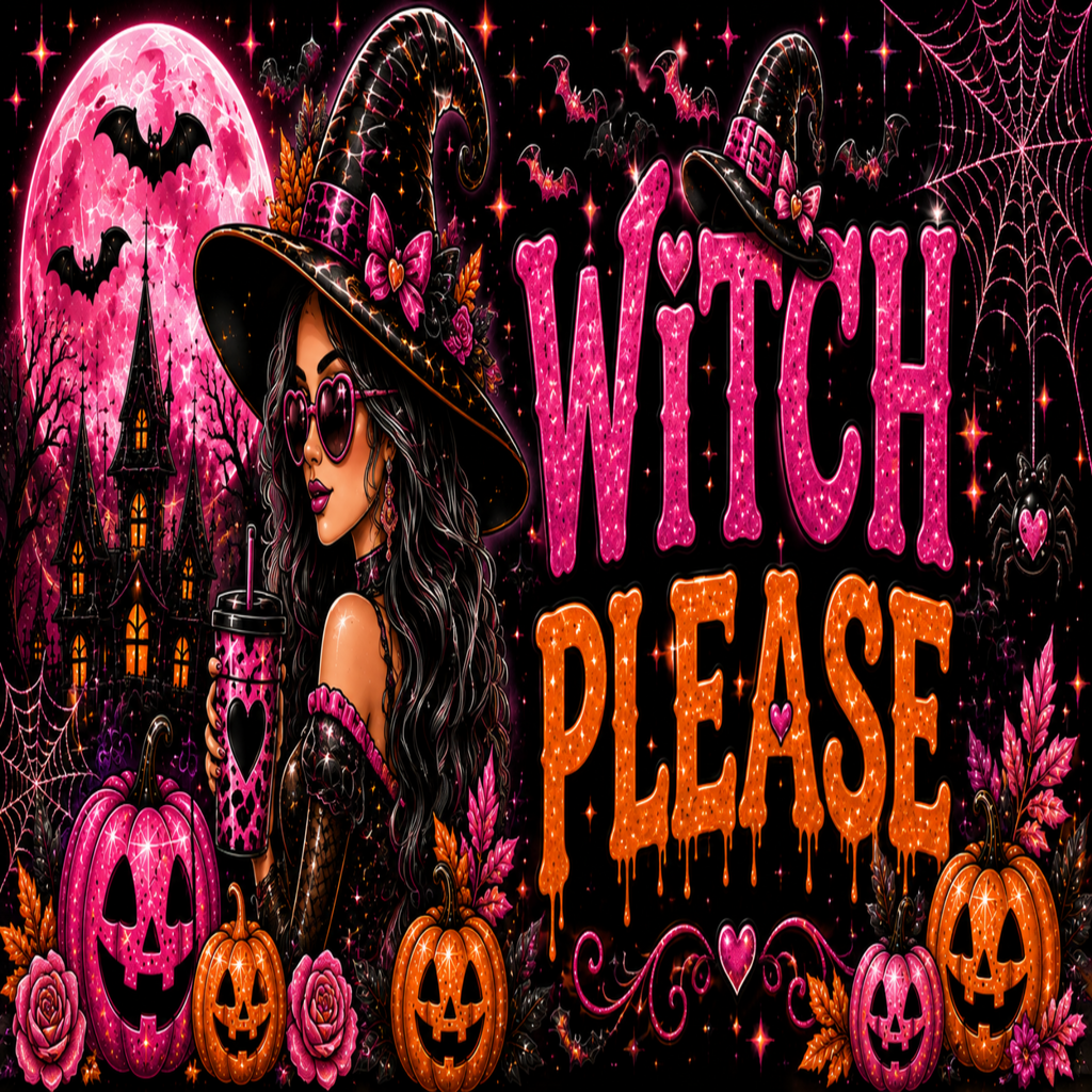 A Halloween-themed graphic with the words “Witch Please” in large pink and orange glitter-style lettering. A woman in a witch hat and sunglasses stands beside a pink moon, haunted house, pumpkins, roses, bats, spiderwebs, and stars on a black background.