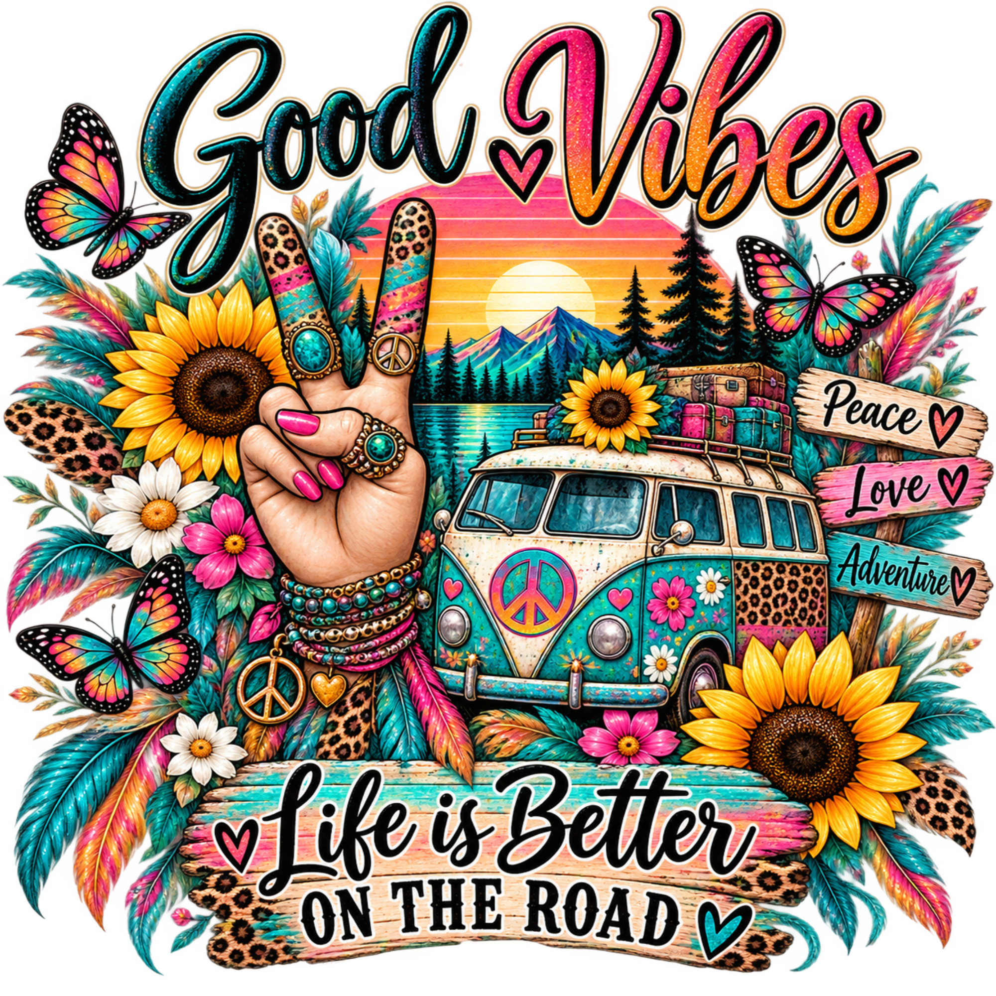 A colorful retro-style graphic design featuring a hand making a peace sign, a vintage van, sunflowers, butterflies, leaves, and text reading “Good Vibes” and “Life is Better on the Road,” with a sunset and mountain background.