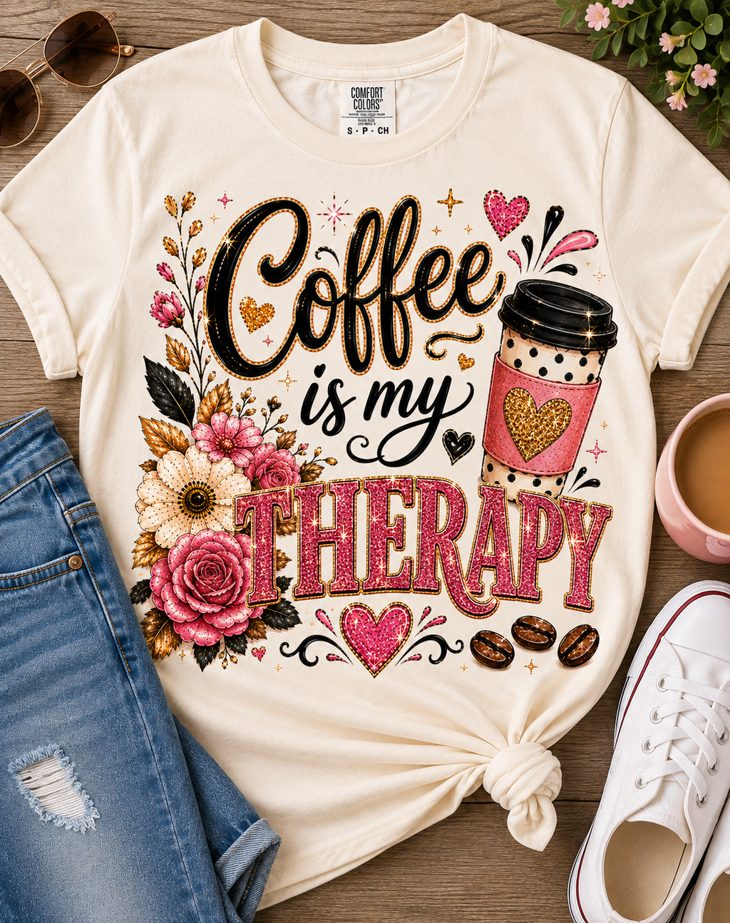 A cream-colored graphic t-shirt with a 'Coffee is my THERAPY' design, styled in a flat-lay arrangement with blue jeans, a white sneaker, sunglasses, and a coffee cup on a wooden background.