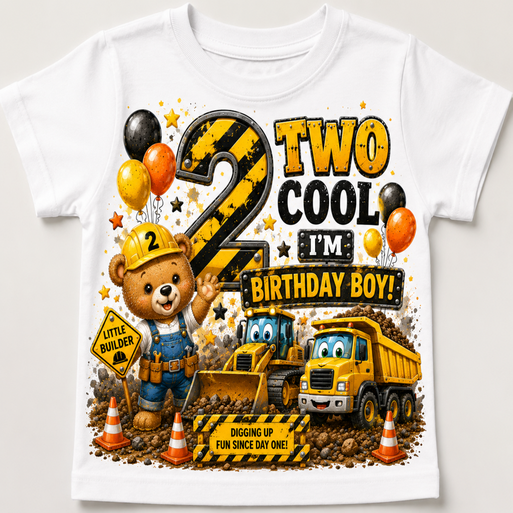 A white short-sleeve kids' t-shirt featuring a colorful cartoon graphic of a construction bear, yellow dump truck, bulldozer, balloons, and the text 'TWO COOL I'M BIRTHDAY BOY!'.