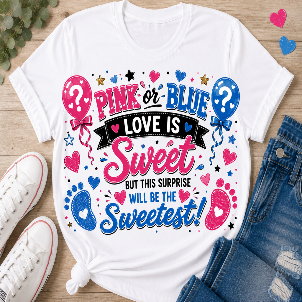 A white graphic t-shirt laid flat on a light wood surface, styled with white sneakers, blue jeans, and small pink and blue heart accents. The shirt features a colorful graphic with the text 'PINK or BLUE LOVE IS Sweet BUT THIS SURPRISE WILL BE THE Sweetest!' alongside pink and blue balloons, hearts, stars, and baby footprints.