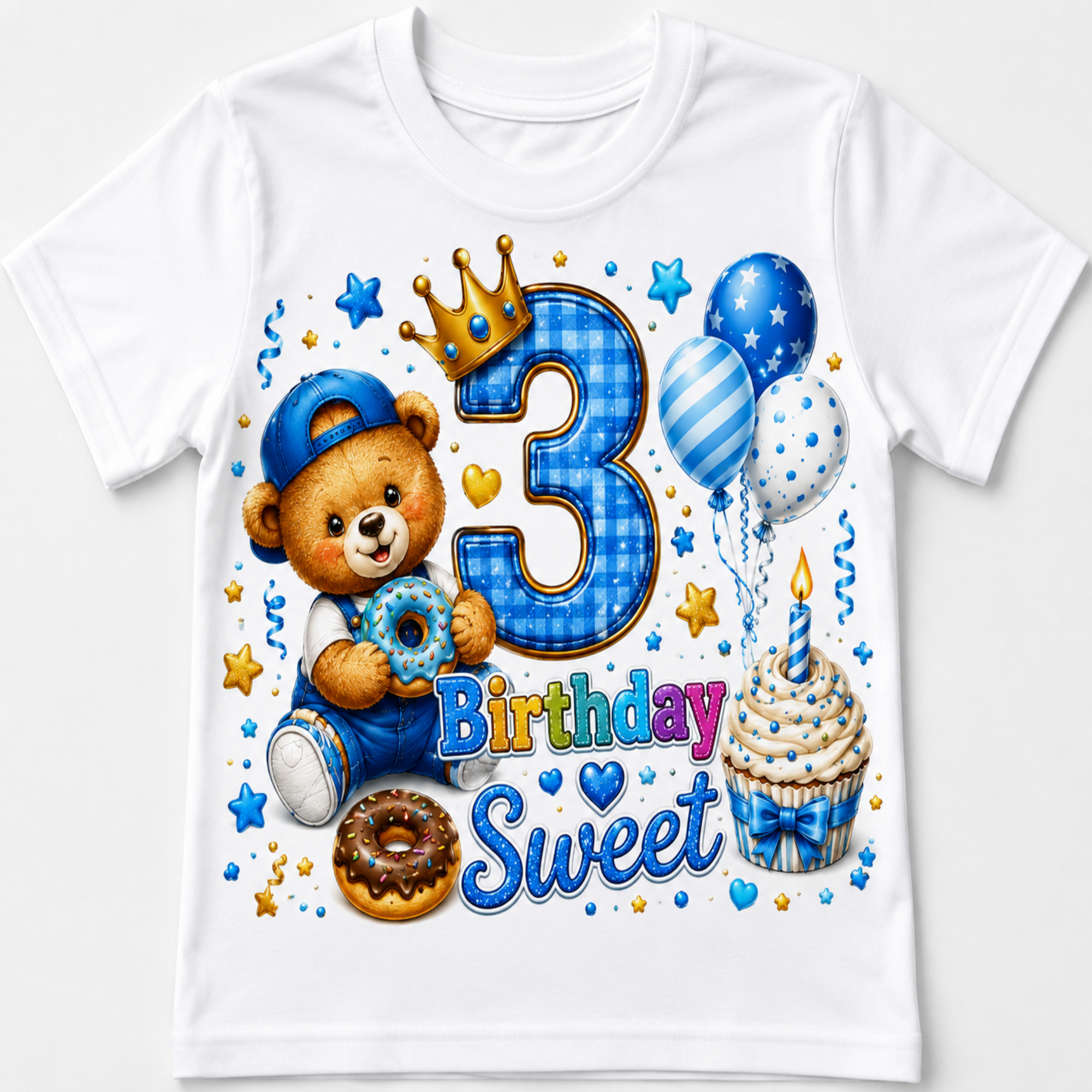 A white short-sleeve kids' t-shirt with a colorful 3rd birthday graphic featuring a teddy bear, balloons, a cupcake, and a large blue number 3.