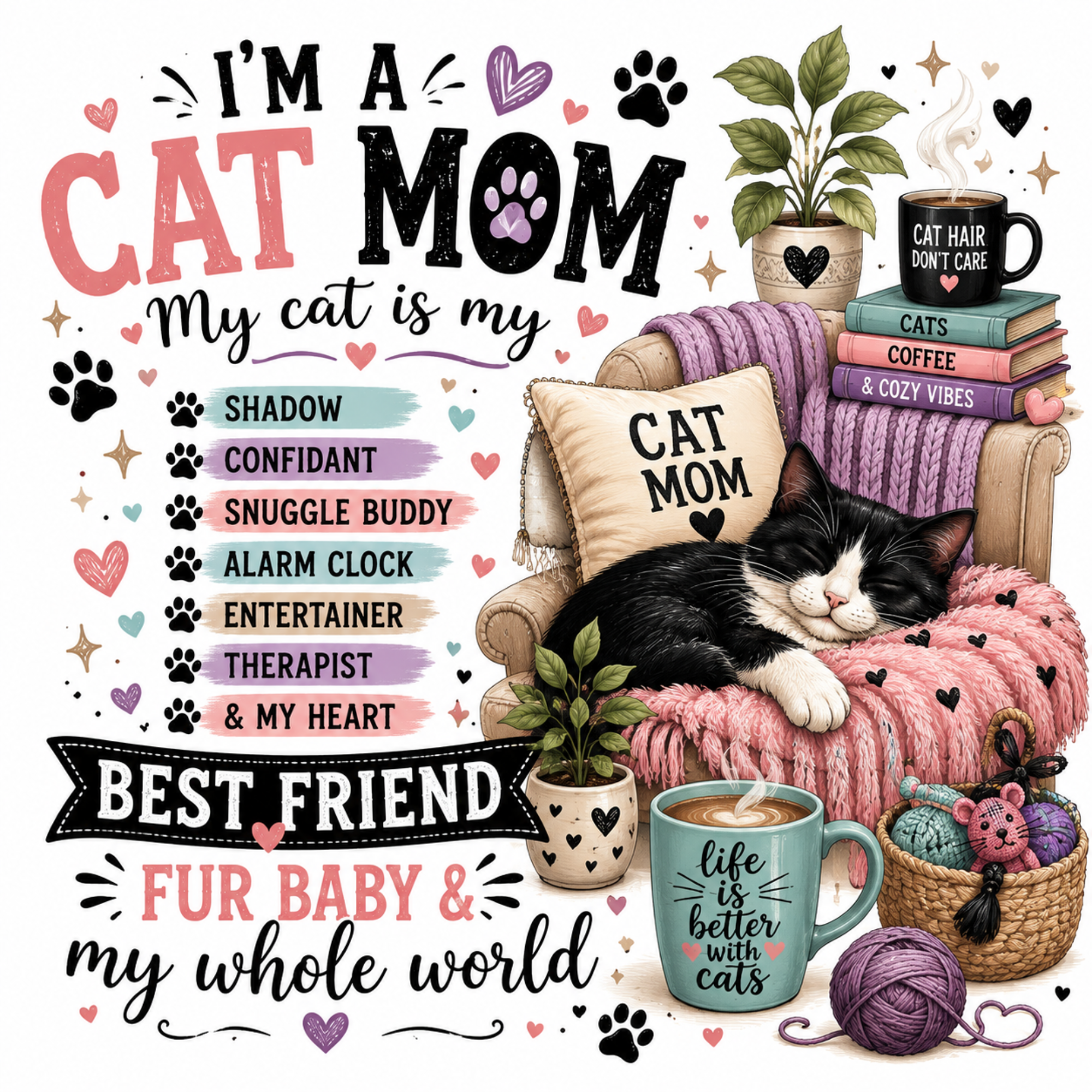 A decorative graphic with the text 'I'M A CAT MOM' and a list of pet qualities, plus an illustrated black-and-white cat resting on a pink knit blanket beside a mug, pillow, plants, books, and yarn.