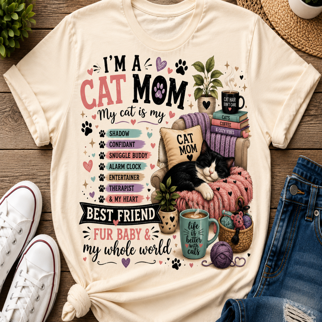 A cream-colored graphic t-shirt featuring a colorful 'Cat Mom' design, styled in a flat-lay arrangement with white sneakers, blue jeans, a straw hat, and plants on a wooden floor.