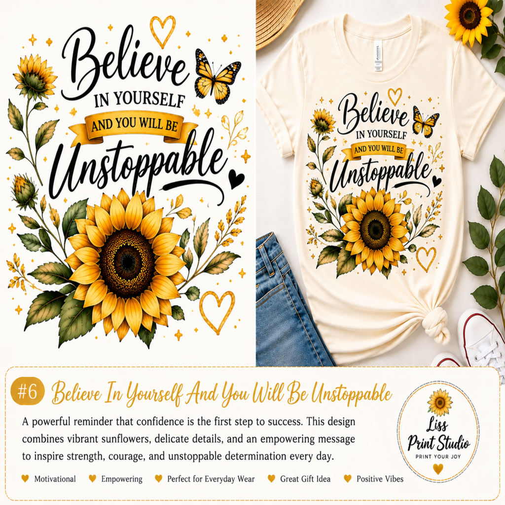 A graphic design featuring the motivational quote 'Believe In Yourself And YOU WILL BE Unstoppable' in black script with a gold banner, surrounded by bright yellow sunflowers, green leaves, and butterflies. The left side shows the full digital design, while the right side shows it printed on a cream-colored t-shirt in a styled flat-lay with jeans and a sunflower.
