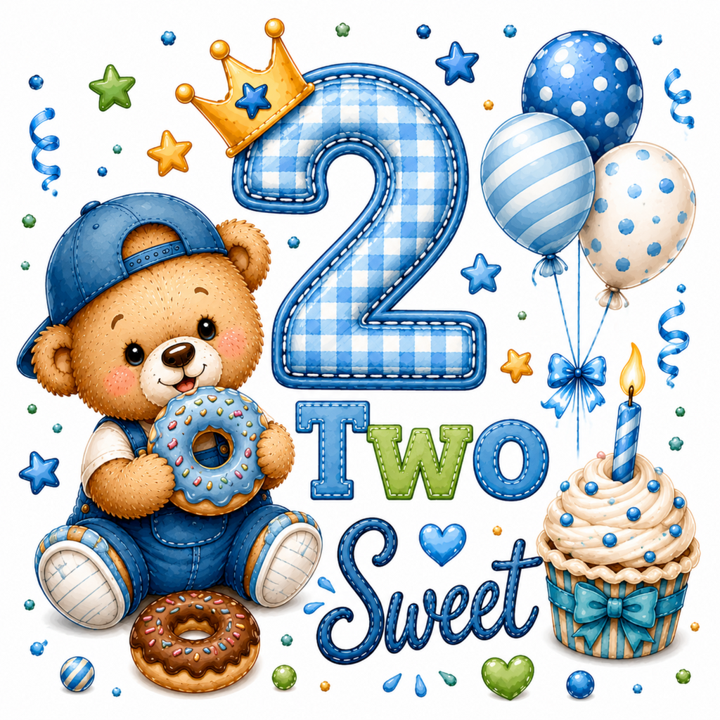 A colorful birthday illustration for a child's second birthday, featuring a teddy bear in blue overalls and a cap holding a donut, a large blue gingham number 2, the words 'Two Sweet,' a cupcake with a blue-striped candle, balloons, stars, confetti, and a crown on a white background.