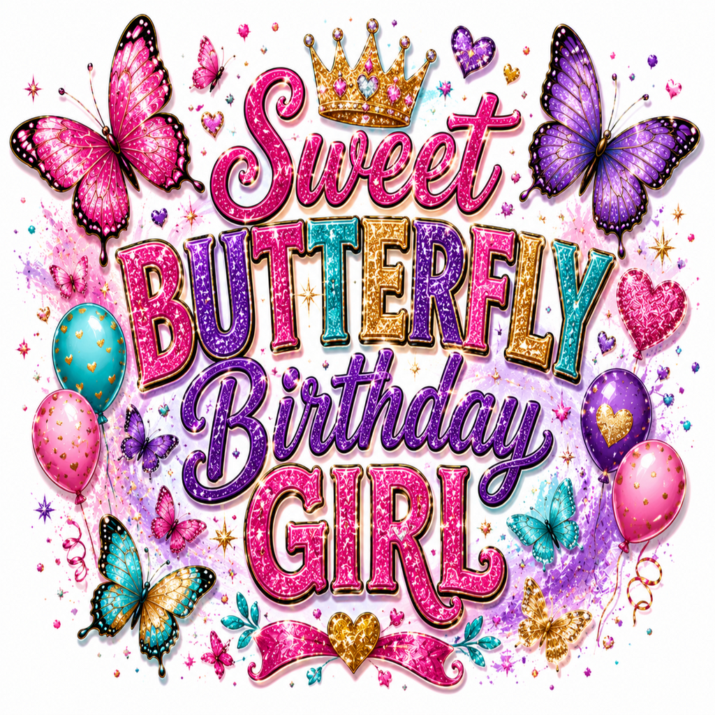 A colorful digital graphic with the text 'Sweet Butterfly Birthday Girl' in glittery pink, purple, blue, and gold lettering, surrounded by butterflies, hearts, balloons, and a crown on a white background.
